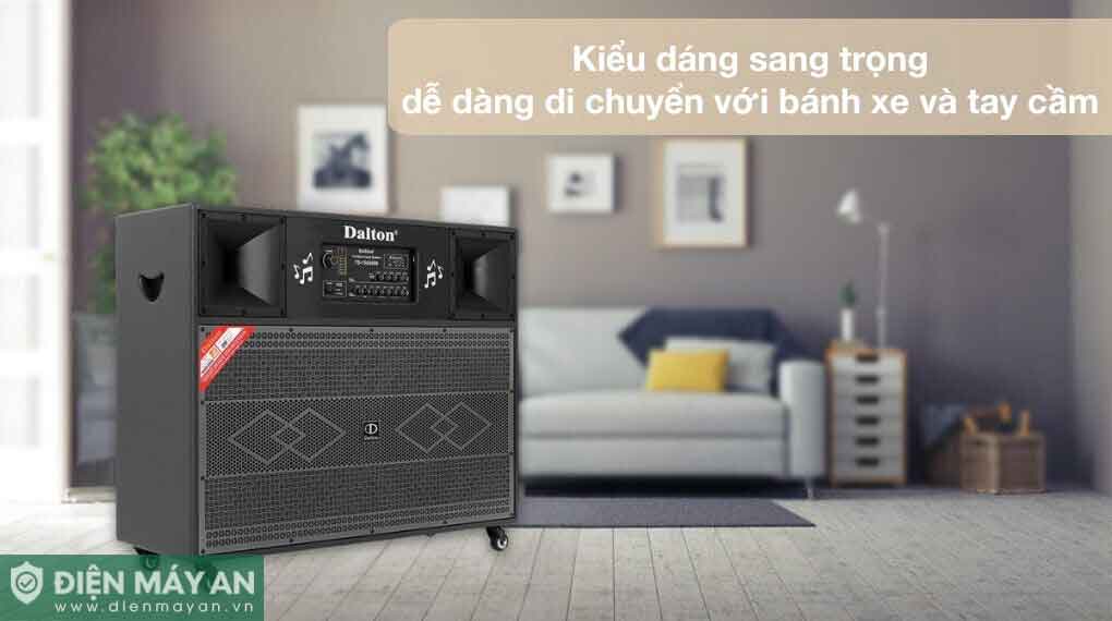 Loa kéo Dalton kiểu dáng sang trọng có bánh xe tay cầm đặt trong phòng khách hiện đại